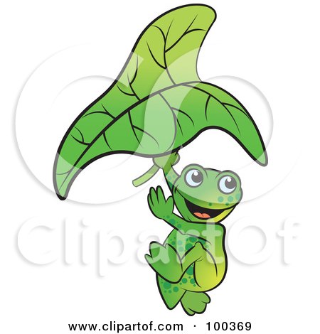 Royalty-Free (RF) Clipart Illustration of a Happy Frog Jumping With A Leaf by Lal Perera