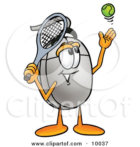 Clipart Picture of a Computer Mouse Mascot Cartoon Character Preparing to Hit a Tennis Ball by Mascot Junction