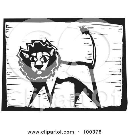 Royalty-Free (RF) Clipart Illustration of a Black And White Engraved Wooden Plaque Of A Safari Lion by xunantunich