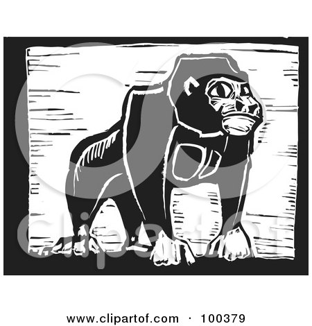 Royalty-Free (RF) Clipart Illustration of a Black And White Engraved Wooden Plaque Of A Safari Gorilla by xunantunich