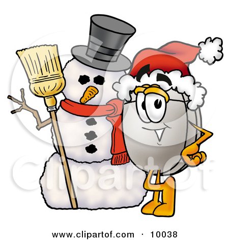 Clipart Picture of a Computer Mouse Mascot Cartoon Character With a Snowman on Christmas by Mascot Junction