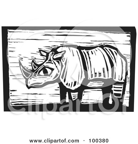 Royalty-Free (RF) Clipart Illustration of a Black And White Engraved Wooden Plaque Of A Safari Rhino by xunantunich