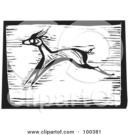 Royalty-Free (RF) Clipart Illustration of a Black And White Engraved Wooden Plaque Of A Running Safari Antelope by xunantunich
