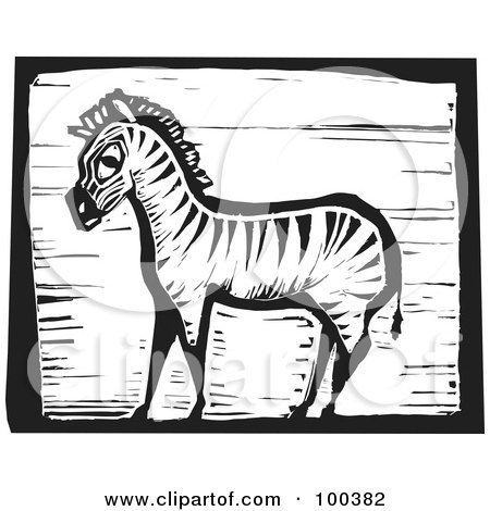 Royalty-Free (RF) Clipart Illustration of a Black And White Engraved Wooden Plaque Of A Safari Zebra by xunantunich