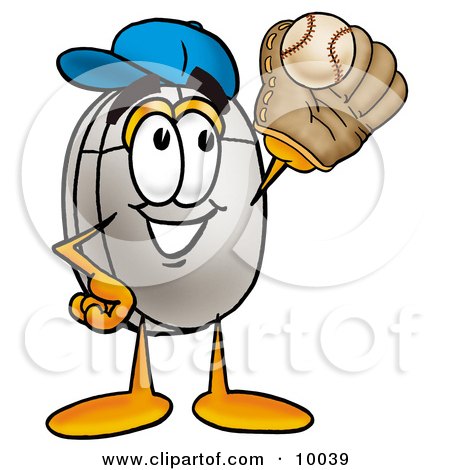 Clipart Picture of a Computer Mouse Mascot Cartoon Character Catching a Baseball With a Glove by Mascot Junction