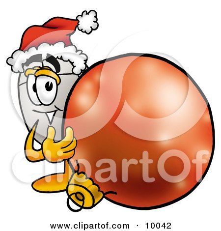 Clipart Picture of a Computer Mouse Mascot Cartoon Character Wearing a Santa Hat, Standing With a Christmas Bauble by Mascot Junction