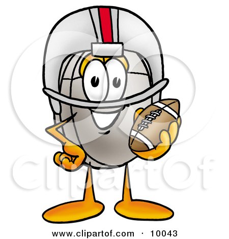 Clipart Picture of a Computer Mouse Mascot Cartoon Character in a Helmet, Holding a Football by Mascot Junction