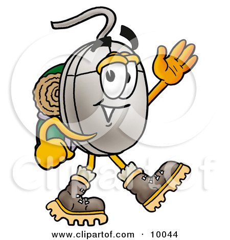 Clipart Picture of a Computer Mouse Mascot Cartoon Character Hiking and Carrying a Backpack by Mascot Junction