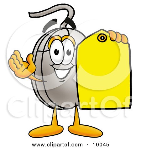 Clipart Picture of a Computer Mouse Mascot Cartoon Character Holding a Yellow Sales Price Tag by Mascot Junction