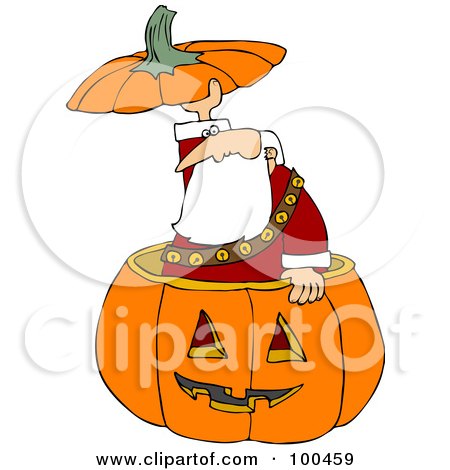 Royalty-Free (RF) Clipart Illustration of Santa Popping Out Of A Halloween Pumpkin And Holding The Top Over His Head by djart