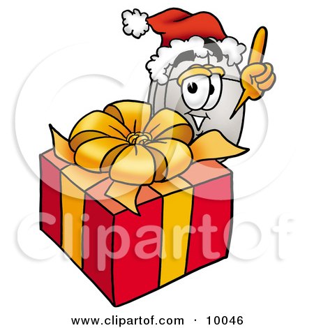 Clipart Picture of a Computer Mouse Mascot Cartoon Character Standing by a Christmas Present by Mascot Junction