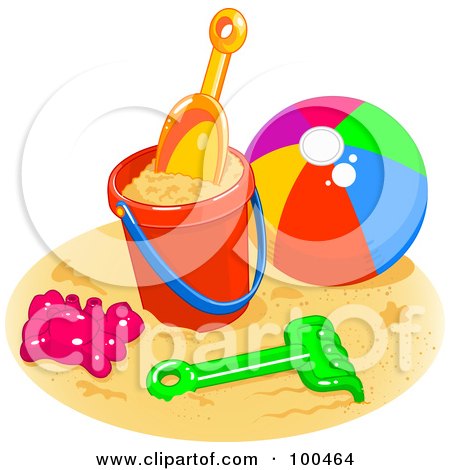 Royalty-Free (RF) Clipart Illustration of a Beach Ball By A Bucket, Shovel And Rake On A Sandy Beach by Pushkin
