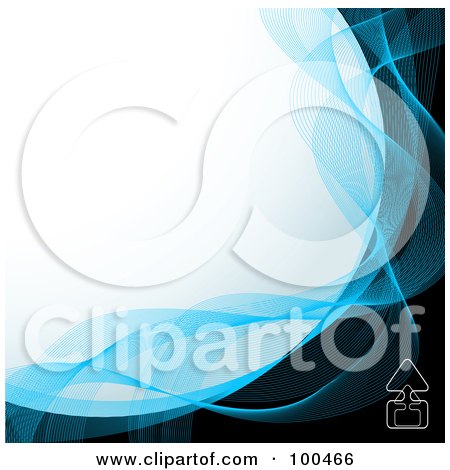 Royalty-Free (RF) Clipart Illustration of a Curved White Background Bordered In Blue Mesh Waves And Black With An Upload Icon by Pushkin