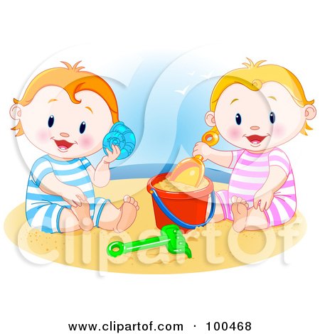 Royalty-Free (RF) Clipart Illustration of a Little Boy And Girl Playing In The Sand And Listening To A Sea Shell On A Beach by Pushkin