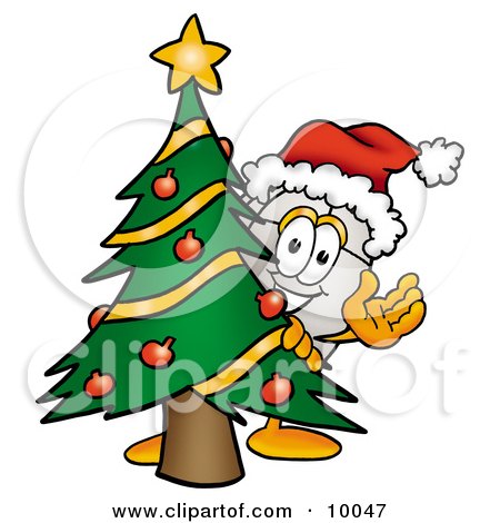 Clipart Picture of a Computer Mouse Mascot Cartoon Character Waving and Standing by a Decorated Christmas Tree by Mascot Junction