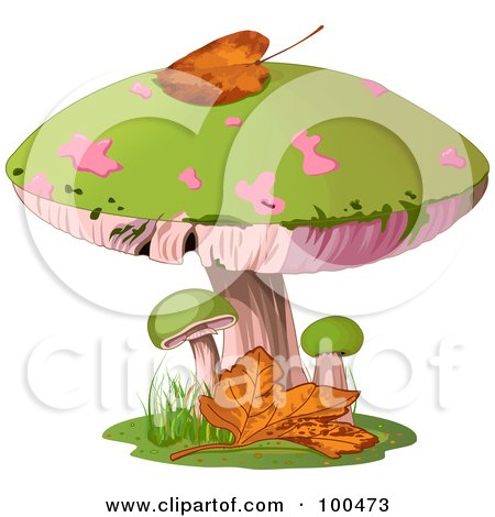 Royalty-Free (RF) Clipart Illustration of an Autumn Leaf Atop A Green And Pink Mushroom by Pushkin