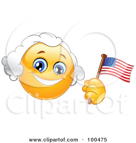 Royalty-Free (RF) Clipart Illustration of a Yellow George Washington Smiley Face Holding An American Flag by yayayoyo