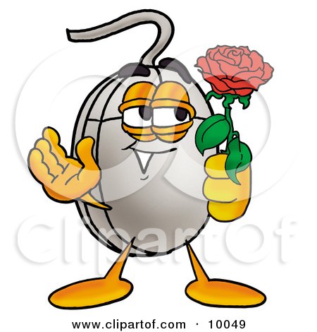 Clipart Picture of a Computer Mouse Mascot Cartoon Character Holding a Red Rose on Valentines Day by Mascot Junction