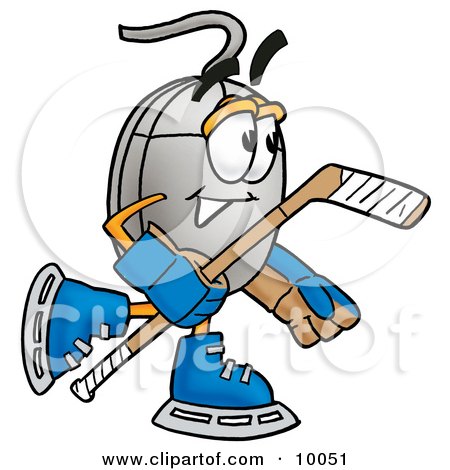 Clipart Picture of a Computer Mouse Mascot Cartoon Character Playing Ice Hockey by Mascot Junction