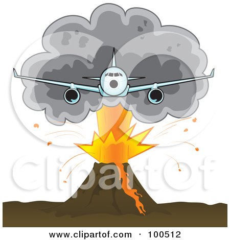 Royalty-Free (RF) Clipart Illustration of an Airliner Flying Away From A Plume Of Ash Over A Volcano by Paulo Resende