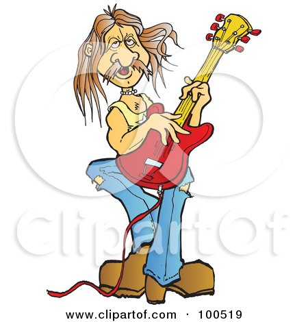 Royalty-Free (RF) Clipart Illustration of a Male Guitarist Playing A Red Electric Guitar by Snowy