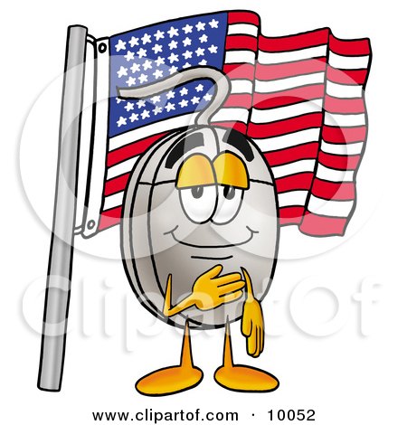 Clipart Picture of a Computer Mouse Mascot Cartoon Character Pledging Allegiance to an American Flag by Mascot Junction