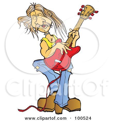 Royalty-Free (RF) Clipart Illustration of a Male Rocker Playing A Red Electric Guitar by Snowy