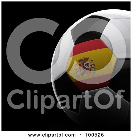 Royalty-Free (RF) Clipart Illustration of a Shiny 3d Spanish Flag Soccer Ball Over Black by stockillustrations