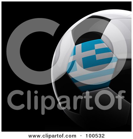 Royalty-Free (RF) Clipart Illustration of a Shiny 3d Greek Flag Soccer Ball Over Black by stockillustrations