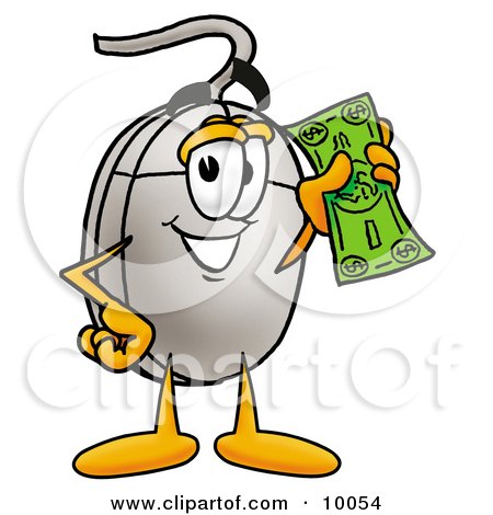 Clipart Picture of a Computer Mouse Mascot Cartoon Character Holding a Dollar Bill by Mascot Junction