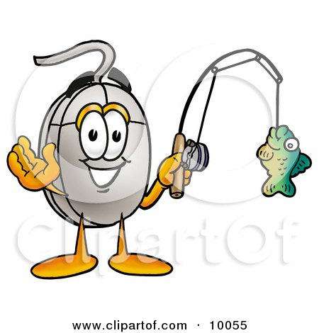 Clipart Picture of a Computer Mouse Mascot Cartoon Character Holding a Fish on a Fishing Pole by Mascot Junction