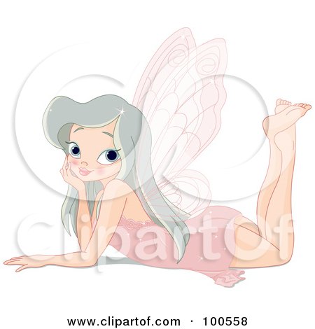 Royalty-Free (RF) Clipart Illustration of a Silver Haired Pixie Girl Laying On Her Tummy And Resting Her Head In Her Hand by Pushkin