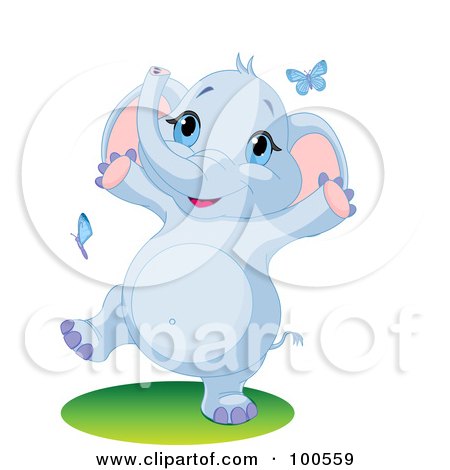 Royalty-Free (RF) Clipart Illustration of a Happy Baby Blue Elephant Playing With Butterflies by Pushkin