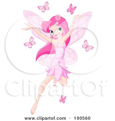 Royalty-Free (RF) Clipart Illustration of a Pink Haired Pixie Girl Flying With Pink Butterflies by Pushkin