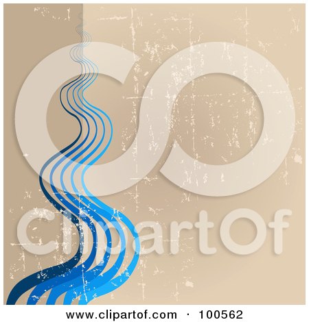 Royalty-Free (RF) Clipart Illustration of a Grungy Tan Background With Flowing Blue Waves by Pushkin