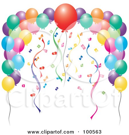 Royalty-Free (RF) Clipart Illustration of an Arch Of Streamers, Confetti And Party Balloons by Pams Clipart