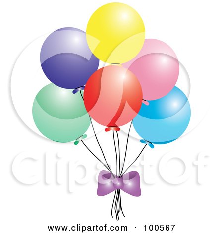 Royalty-Free (RF) Clipart Illustration of a Purple Bow Under Colorful Party Balloons by Pams Clipart