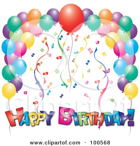 Royalty-Free (RF) Clipart Illustration of a Colorful Happy Birthday Greeting Under Confetti, Streamers And Party Balloons by Pams Clipart