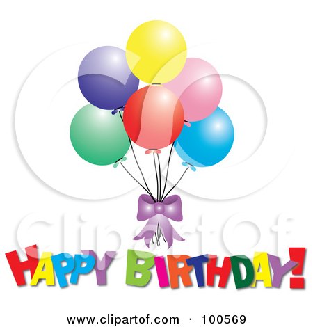 Royalty-Free (RF) Clipart Illustration of a Colorful Happy Birthday Greeting Under A Bunch Of Party Balloons by Pams Clipart