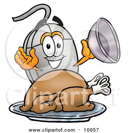 Clipart Picture of a Computer Mouse Mascot Cartoon Character Serving a Thanksgiving Turkey on a Platter by Mascot Junction