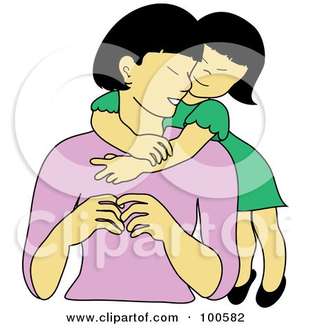 Royalty-Free (RF) Clipart Illustration of a Loving Asian Daughter Hugging Her Mom From Behind by Pams Clipart