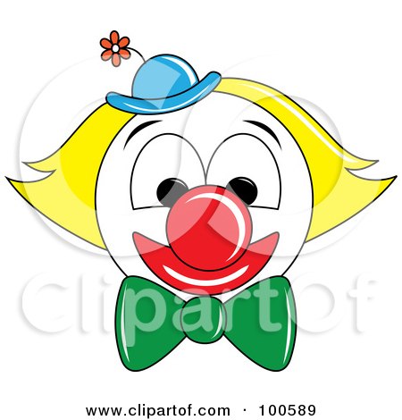 Royalty-Free (RF) Clipart Illustration of a Grinning Clown Face With Yellow Hair And A Blue Hat by Pams Clipart