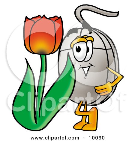 Clipart Picture of a Computer Mouse Mascot Cartoon Character With a Red Tulip Flower in the Spring by Mascot Junction
