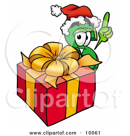 Clipart Picture of a Dollar Sign Mascot Cartoon Character Standing by a Christmas Present by Mascot Junction