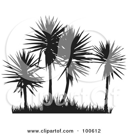 Royalty-Free (RF) Clipart Illustration of Four Silhouetted Palm Trees And Grass by KJ Pargeter