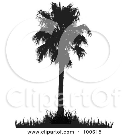 Royalty-Free (RF) Clipart Illustration of a Silhouetted Tall Palm Tree With Grass by KJ Pargeter