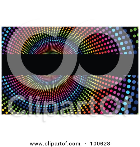 Royalty-Free (RF) Clipart Illustration of a Rainbow Halftone Spiral Business Card Template Or Website Background With Black Copyspace by KJ Pargeter