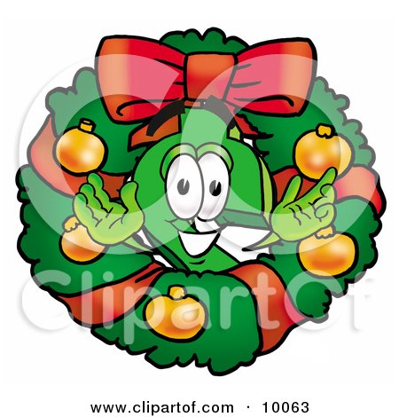 Clipart Picture of a Dollar Sign Mascot Cartoon Character in the Center of a Christmas Wreath by Mascot Junction