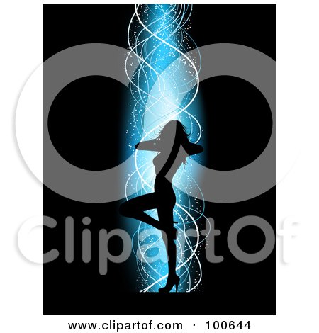 Royalty-Free (RF) Clipart Illustration of a Sexy Silhouetted Female Dancer With One Leg Raised, Over A Black Background With Blue Light And White Ribbons by KJ Pargeter