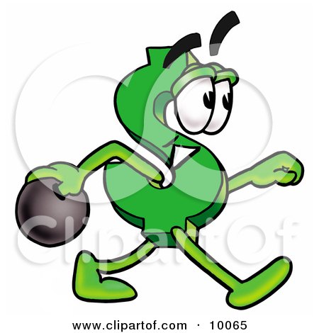 Clipart Picture of a Dollar Sign Mascot Cartoon Character Holding a Bowling Ball by Mascot Junction